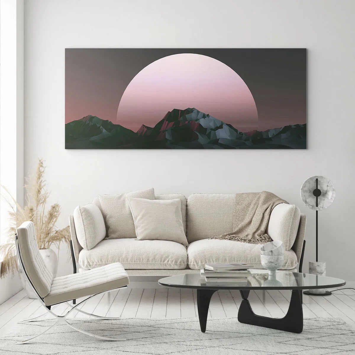 Impression sur verre - Image sur verre - Montagnes géométriques avec le soleil couchant en arrière-plan - 140x50cm - Dans une galaxie voisine - Décoration murale moderne pour le salon et la chambre ARTTOR