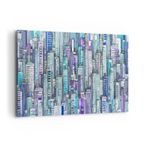 Impression sur toile - Image sur toile - Illustration d'une ville avec des bâtiments géométriques dans des tons de bleu et de violet. - 120x80cm - Bleuâtre avec le ciel - Décoration murale moderne pour le salon et la chambre ARTTOR