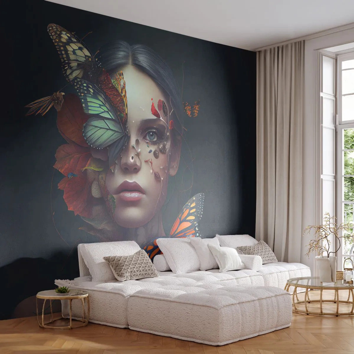 Papier Peint Photo Premium Canvas - Une merveilleuse métamorphose - Papillons, Affronter, Femme - 250x175 cm