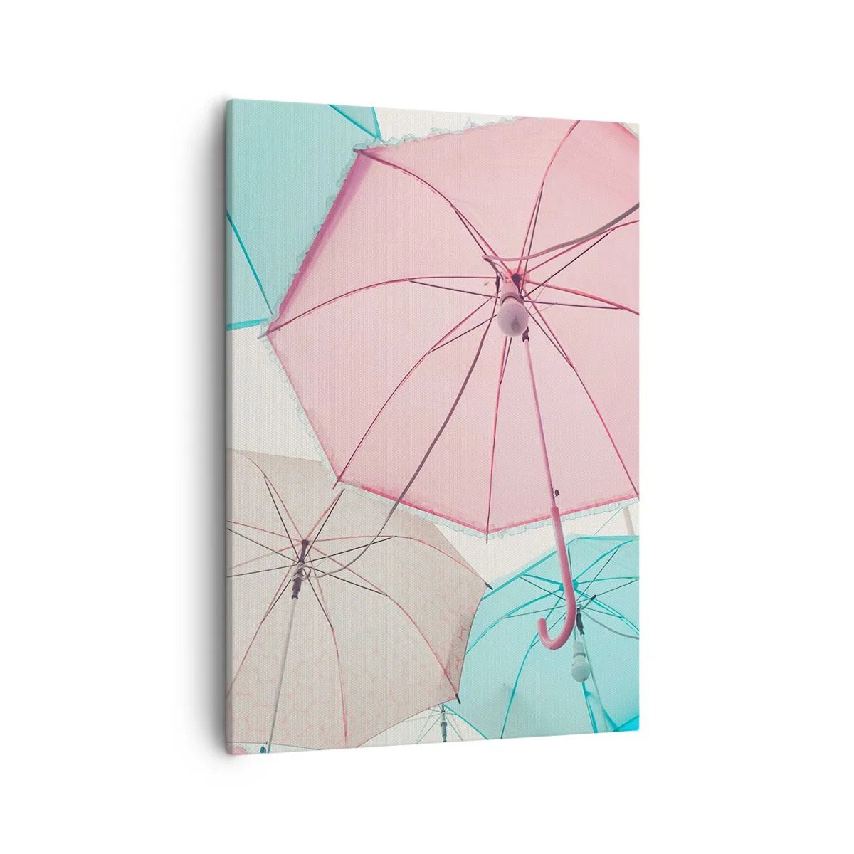 Impression sur toile - Image sur toile - Parapluies pastel contre un ciel lumineux - 50x70cm - Parfois le soleil, parfois la pluie - Décoration murale moderne pour le salon et la chambre ARTTOR