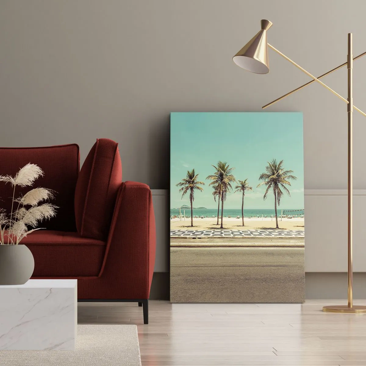 Impression sur toile - Image sur toile - Palmiers sur la plage surplombant la mer et le ciel bleu - 50x70cm - Gardien de plage - Décoration murale moderne pour le salon et la chambre ARTTOR