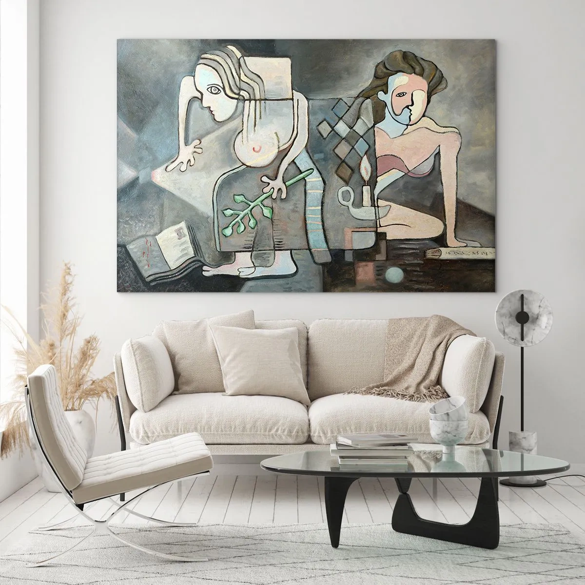 Impression sur verre - Image sur verre - Une scène abstraite avec deux personnages dans un style cubiste. - 70x50cm - Mosaïque d'esprit et de matière - Décoration murale moderne pour le salon et la chambre ARTTOR