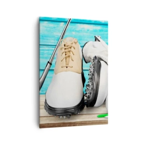 Impression sur toile - Image sur toile - Un ensemble d'accessoires de golf sur un fond en bois - 70x100cm - Tout est prêt - Décoration murale moderne pour le salon et la chambre ARTTOR