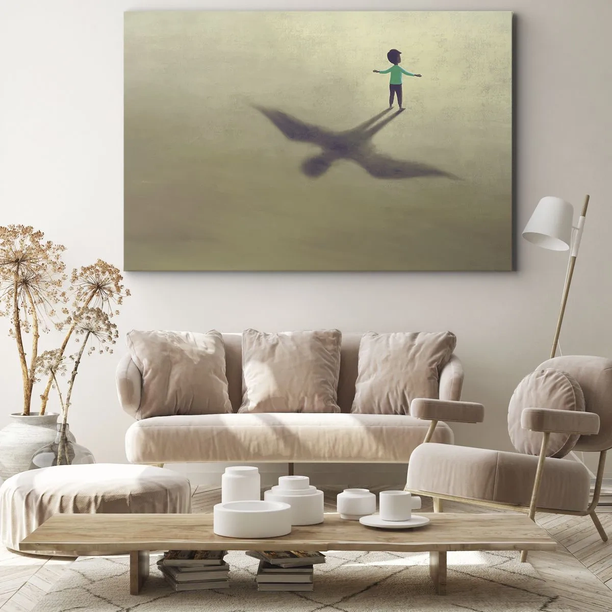 Impression sur toile - Image sur toile - Une figure symbolique d'un enfant avec l'ombre d'un oiseau sur un fond aux tons chauds. - 70x50cm - Héros du futur - Décoration murale moderne pour le salon et la chambre ARTTOR