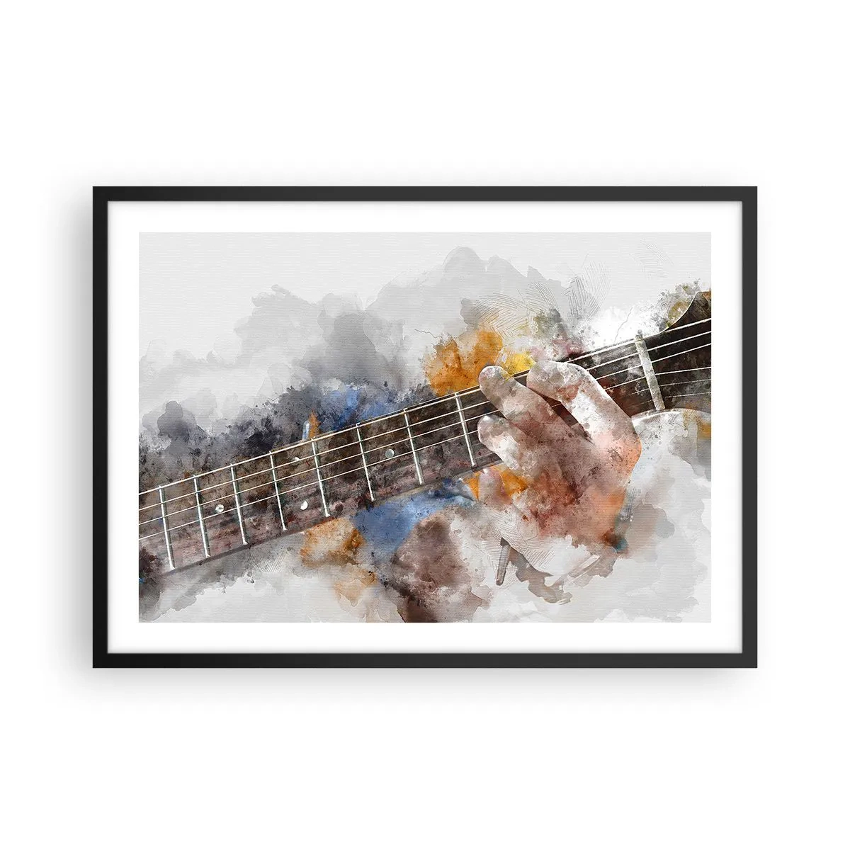 Affiche dans un cadre noir - Poster - Image abstraite d'une main jouant de la guitare - 70x50cm - La poésie entre les cordes - Décoration murale moderne pour le salon et la chambre ARTTOR