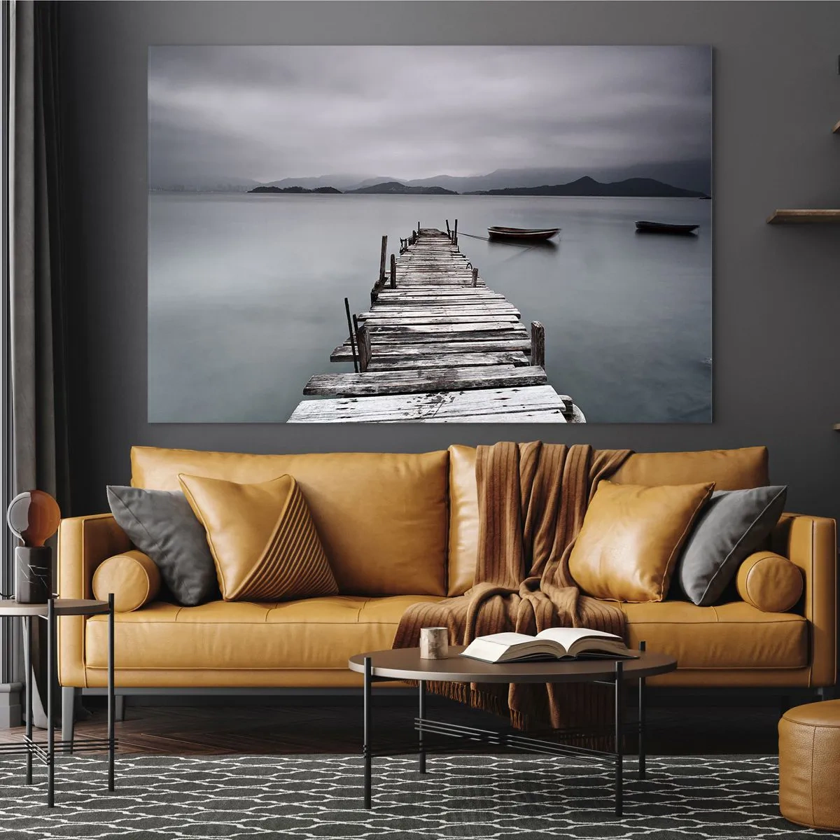 Impression sur verre - Image sur verre - Une jetée en bois sur un lac par temps brumeux - 120x80cm - Tu peux partir demain - Décoration murale moderne pour le salon et la chambre ARTTOR