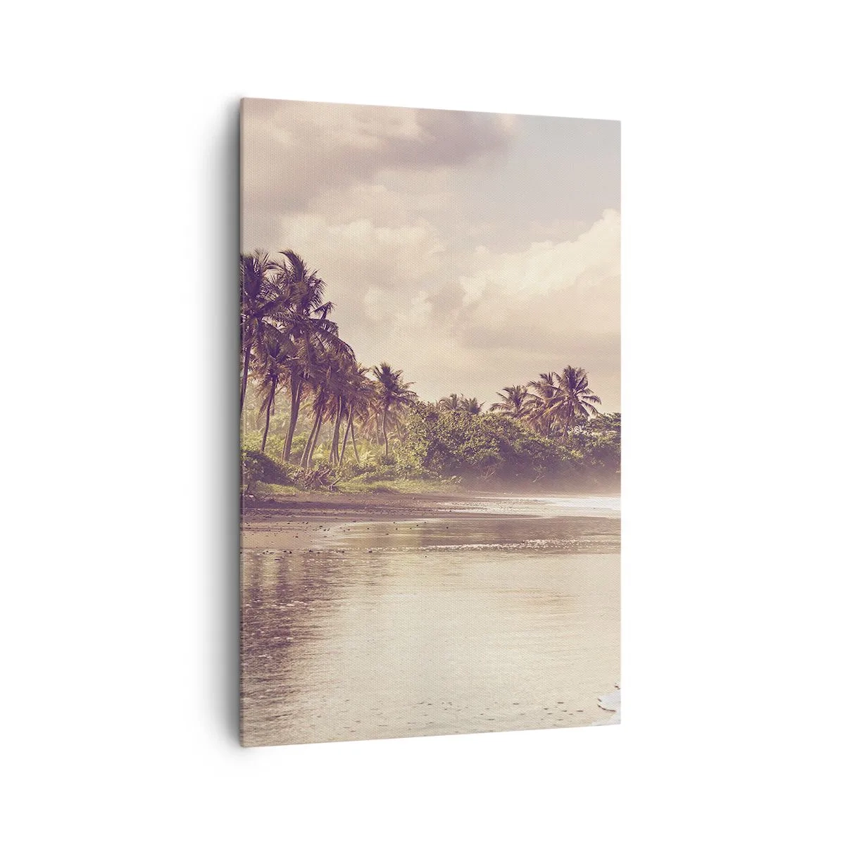 Impression sur toile - Image sur toile - Une plage avec des palmiers et des vagues douces le matin - 80x120cm - La caresse des vagues - Décoration murale moderne pour le salon et la chambre ARTTOR