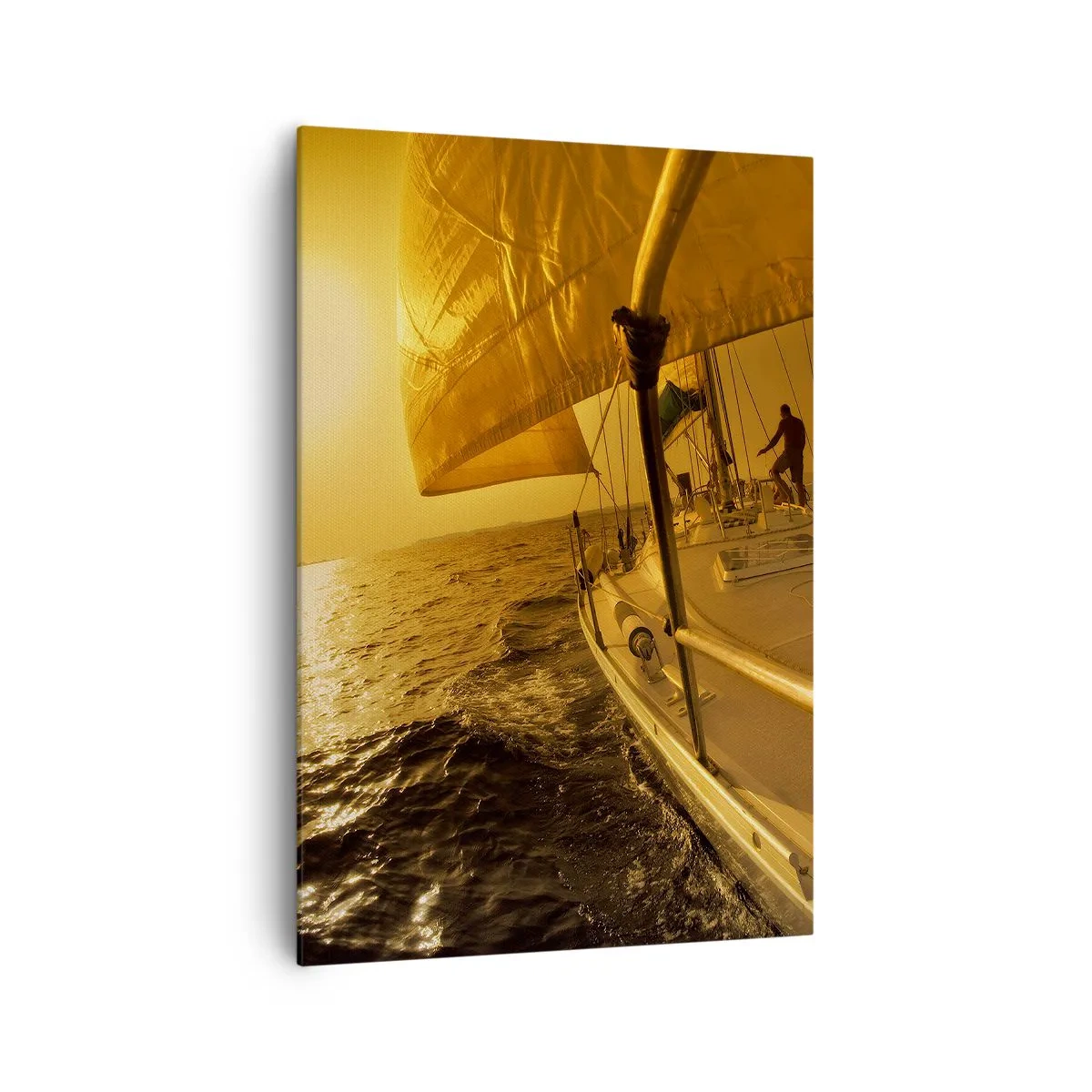 Impression sur toile - Image sur toile - Voilier en mer au coucher du soleil, lueur dorée. - 70x100cm - Une soirée en por après une journée haute en couleurs - Décoration murale moderne pour le salon et la chambre ARTTOR