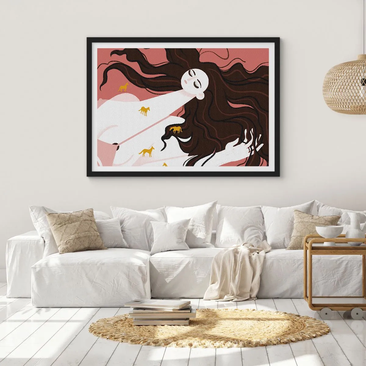 Affiche dans un cadre noir - Poster - Une silhouette aux yeux fermés entourée de chevaux dorés - 70x50cm - Rêve d'un cheval d'or - Décoration murale moderne pour le salon et la chambre ARTTOR