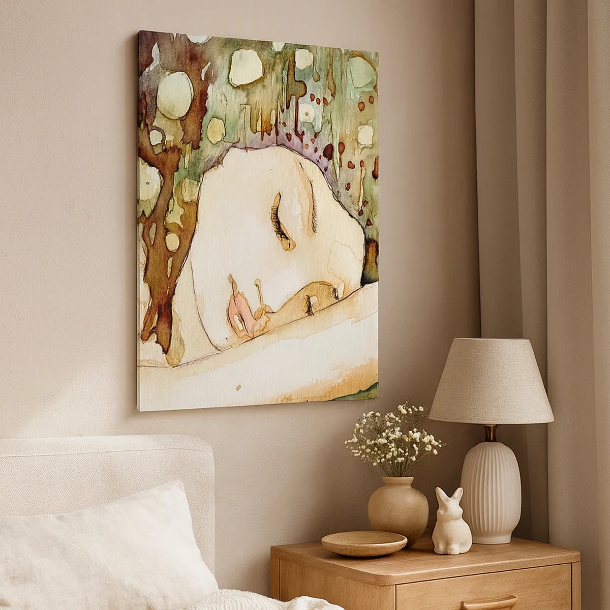 Impression sur toile - Image sur toile - Une femme rêvant entourée de formes et de couleurs abstraites. - 50x70cm - Un rêve violet émeraude - Décoration murale moderne pour le salon et la chambre ARTTOR