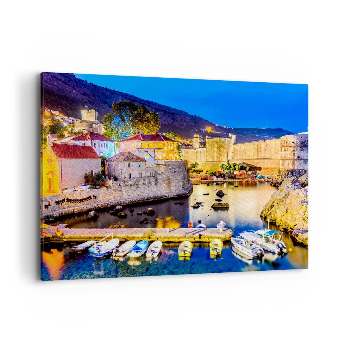 Impression sur toile - Image sur toile - Un port pittoresque la nuit avec des bâtiments illuminés - 100x70cm - Nuit illuminée sur l'Adriatique - Décoration murale moderne pour le salon et la chambre ARTTOR