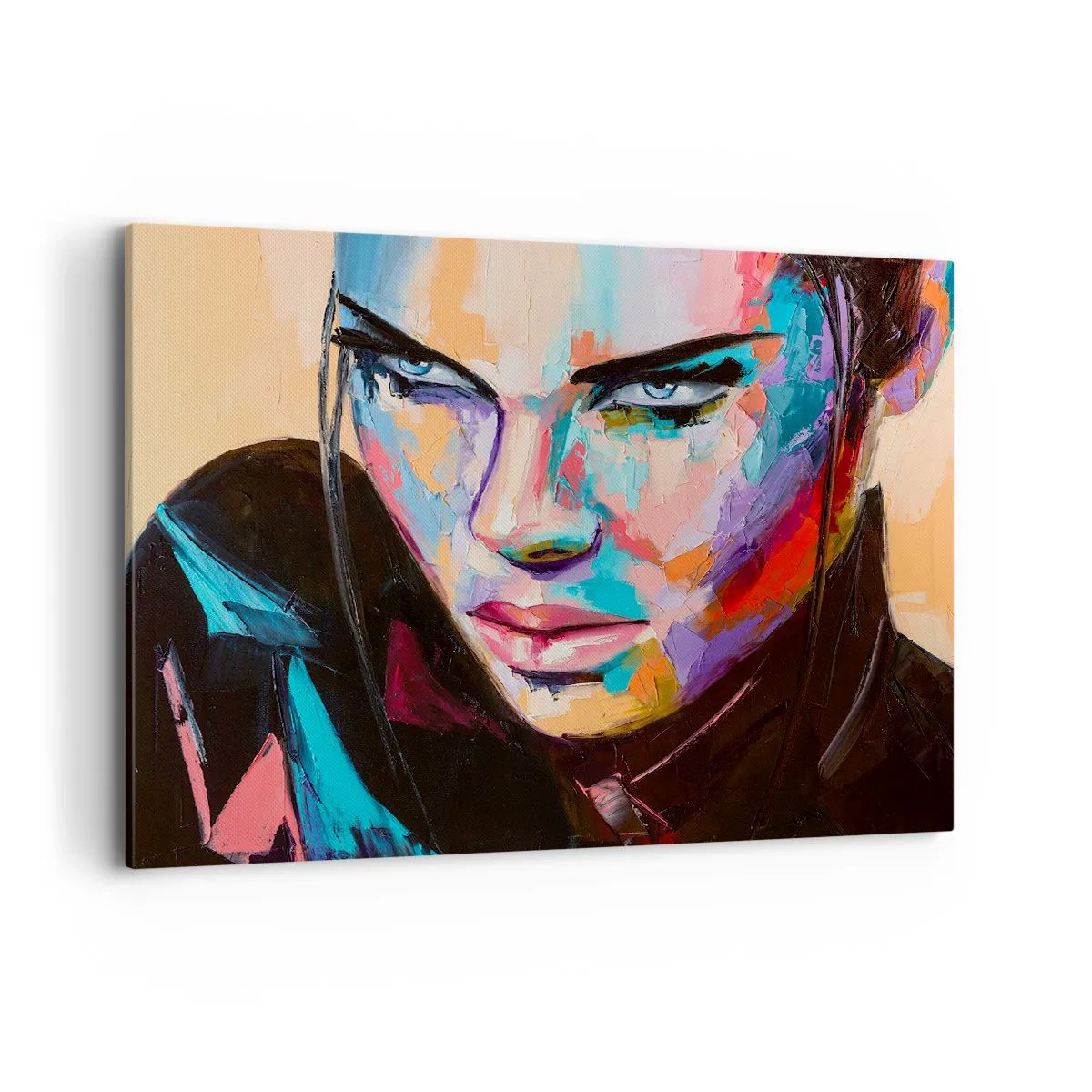 Impression sur toile - Image sur toile - Portrait d'une femme aux couleurs abstraites vives - 120x80cm - Le coeur sauvageon - Décoration murale moderne pour le salon et la chambre ARTTOR