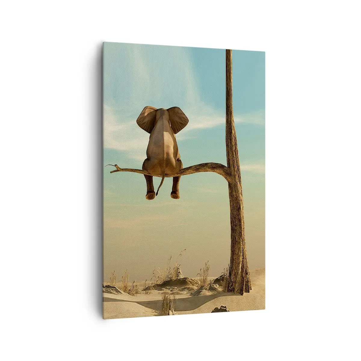 Impression sur toile - Image sur toile - Un éléphant assis sur une branche surplombant un paysage désertique - 80x120cm - Nouveau point de vue - Décoration murale moderne pour le salon et la chambre ARTTOR