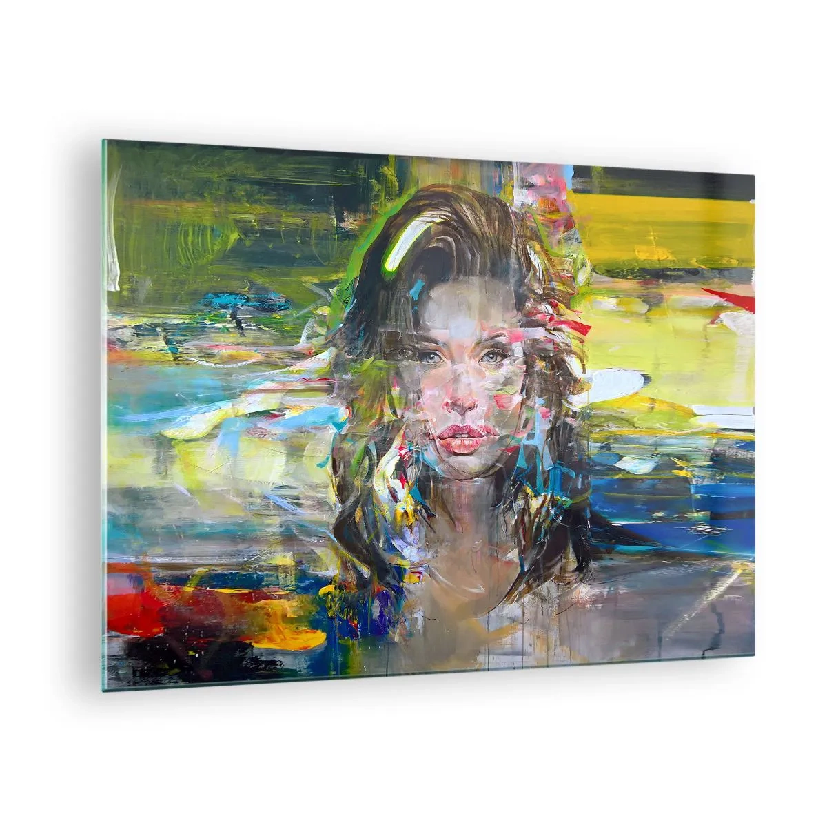 Impression sur verre - Image sur verre - Portrait abstrait d'une femme avec un arrière-plan dynamique - 70x50cm - Derrière l'air, un rideau - Décoration murale moderne pour le salon et la chambre ARTTOR