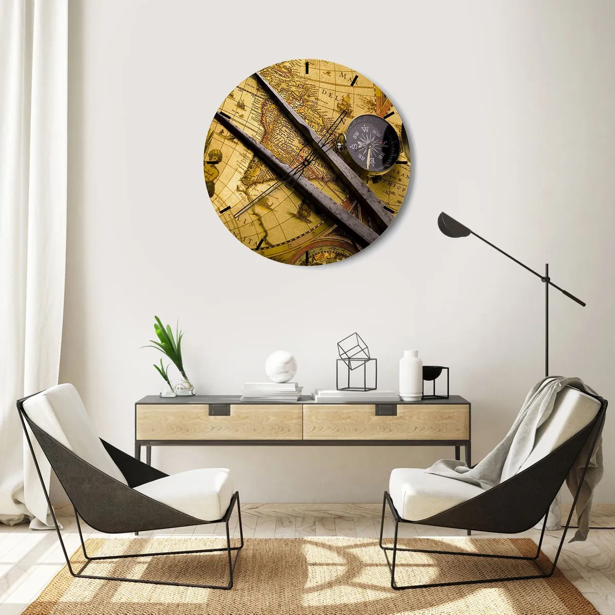 Horloge murale - Pendule murale - Carte ancienne avec boussole et compas - 30x30cm - Où sont ces trésors? - Décoration murale moderne pour le salon, la cuisine et la chambre ARTTOR