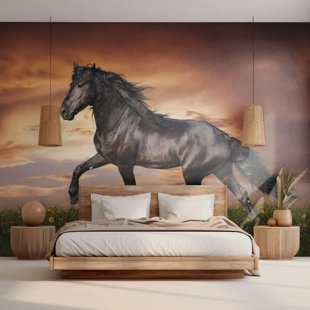 Papier Peint Photo Premium Sand - Livres noirs - Animaux, cheval arabe, Paysage - 100x70 cm