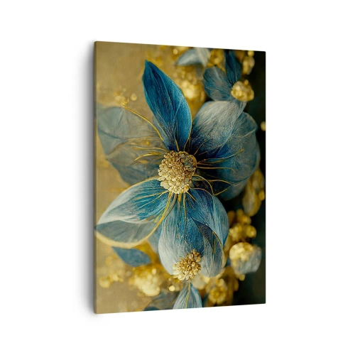 Impression sur toile - Image sur toile - Fleurs élégantes dans des tons de bleu et d'or - 50x70cm - Fleurir avec de l'or - Décoration murale moderne pour le salon et la chambre ARTTOR