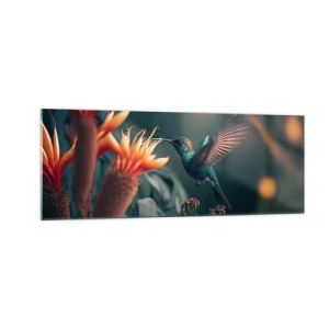 Impression sur verre - Image sur verre - Un colibri coloré parmi des fleurs sur un fond naturel - 140x50cm - une vie vraiment colorée - Décoration murale moderne pour le salon et la chambre ARTTOR