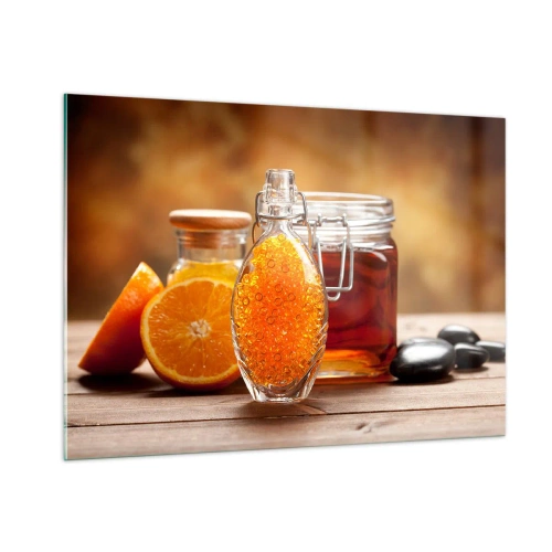 Impression sur verre - Image sur verre - Une bouteille d'huile et une orange sur une table en bois - 100x70cm - Saveurs et arômes ensoleillés - Décoration murale moderne pour le salon et la chambre ARTTOR
