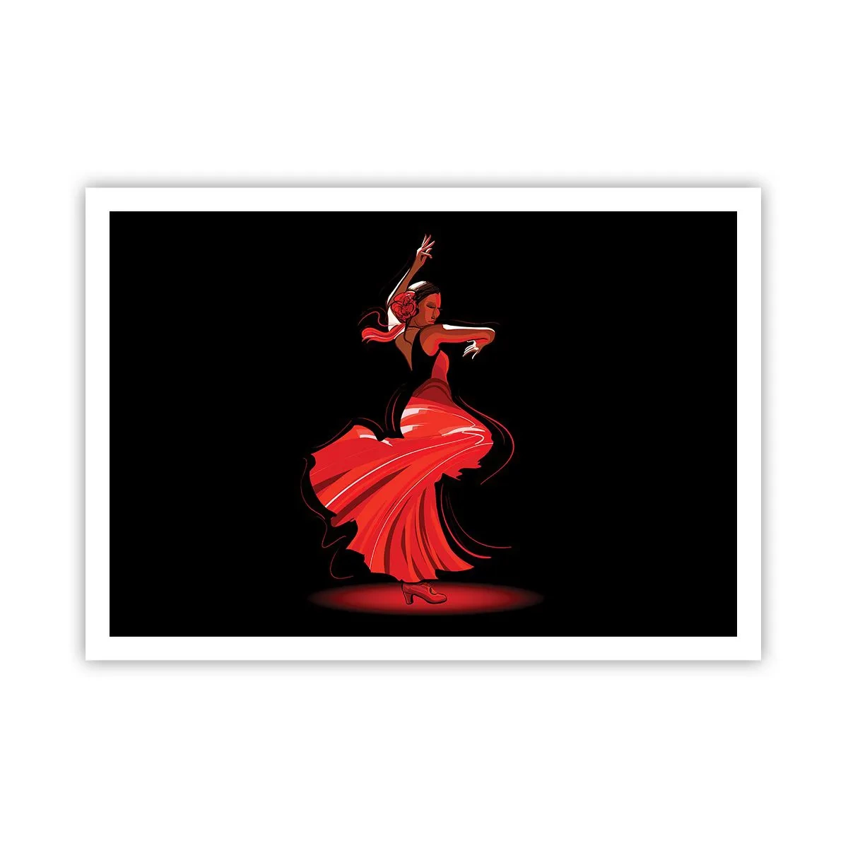 Affiche - Poster - Danseuse de flamenco en robe rouge sur fond noir - 100x70cm - L'esprit fougueux du flamenco - Décoration murale moderne pour le salon et la chambre ARTTOR