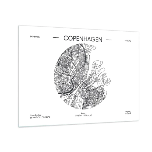 Impression sur verre - Image sur verre - Une carte de Copenhague sous la forme d'un croquis de rue graphique - 70x50cm - Anatomie de Copenhague - Décoration murale moderne pour le salon et la chambre ARTTOR