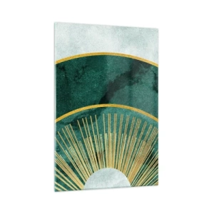 Impression sur verre - Image sur verre - Motif abstrait avec des cercles aux couleurs émeraude et or. - 70x100cm - Un autre système solaire - Décoration murale moderne pour le salon et la chambre ARTTOR