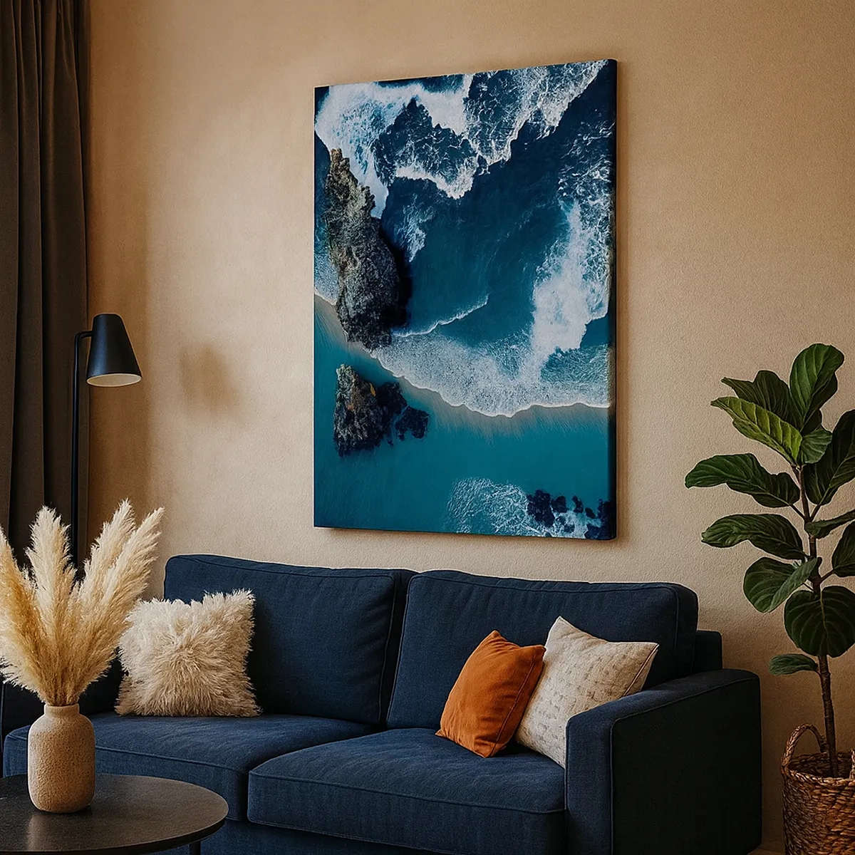 Impression sur toile - Image sur toile - Vue aérienne des vagues s'écrasant sur le rivage - 50x70cm - Enveloppé par les vagues - Décoration murale moderne pour le salon et la chambre ARTTOR