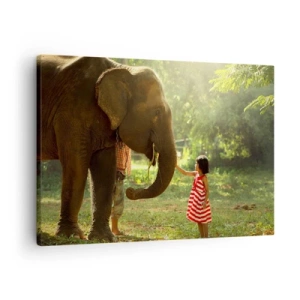 Impression sur toile - Image sur toile - Une fille en robe rouge touchant un éléphant dans la forêt. - 70x50cm - La force de l'amitié - Décoration murale moderne pour le salon et la chambre ARTTOR
