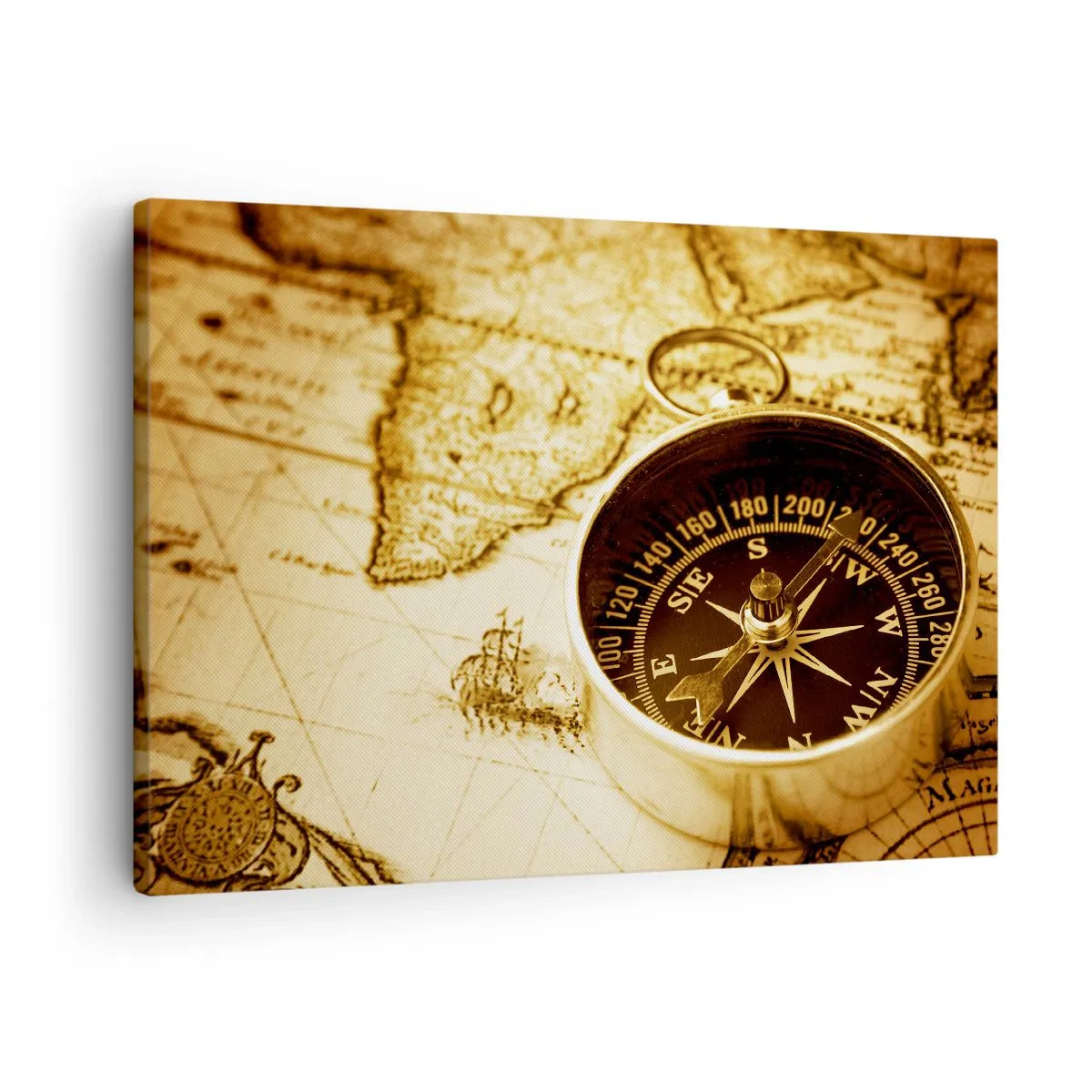 Impression sur toile - Image sur toile - Une boussole antique sur fond d'une vieille carte du monde - 70x50cm - Est ou ouest? - Décoration murale moderne pour le salon et la chambre ARTTOR