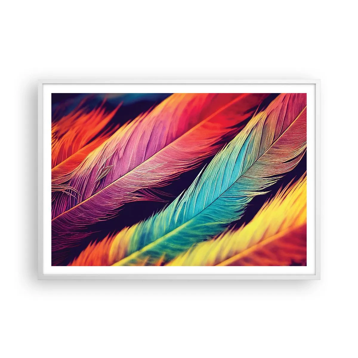 Affiche dans un cadre blanc - Poster - Arc-en-ciel de plumes - 100x70 cm