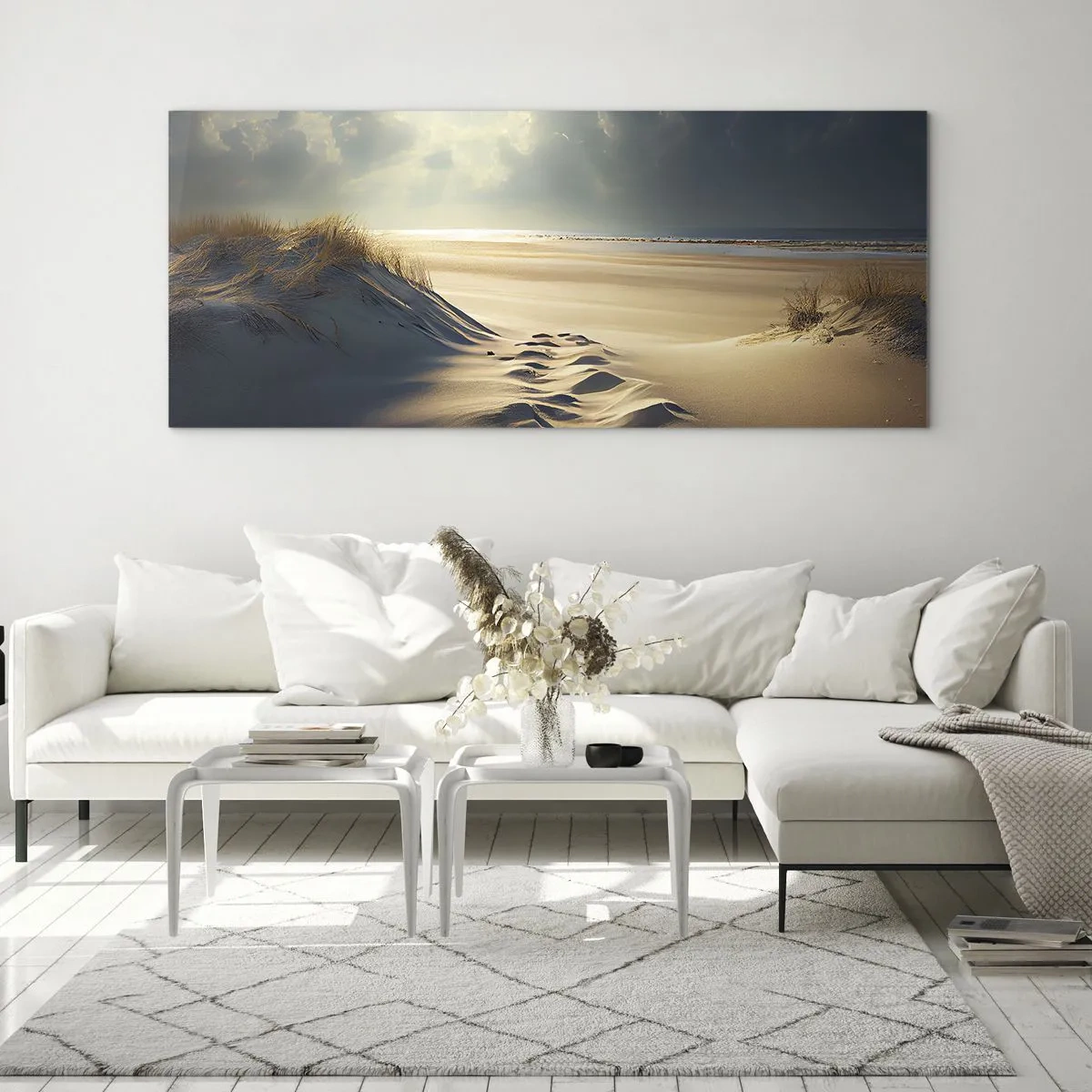 Impression sur verre - Image sur verre - Dunes dorées sur la plage au coucher du soleil avec vue sur la mer - 140x50cm - Un paysage apaisant - Décoration murale moderne pour le salon et la chambre ARTTOR