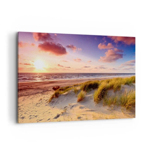 Impression sur toile - Image sur toile - Une plage herbeuse et un coucher de soleil sur une mer calme - 120x80cm - L'air sent déjà l'été - Décoration murale moderne pour le salon et la chambre ARTTOR