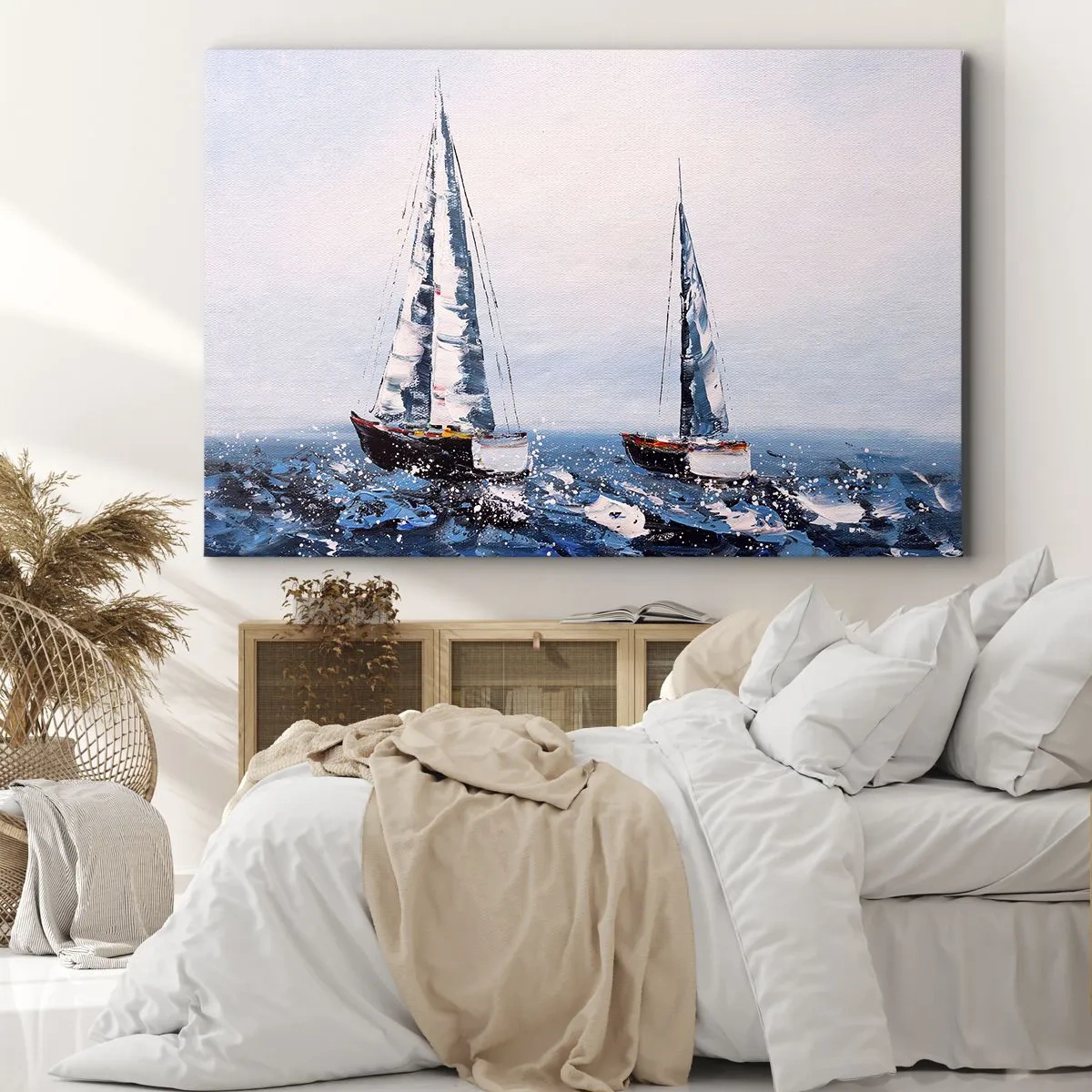 Impression sur toile - Image sur toile - Voiliers sur une mer agitée dans une composition picturale - 120x80cm - Confrérie du vent - Décoration murale moderne pour le salon et la chambre ARTTOR