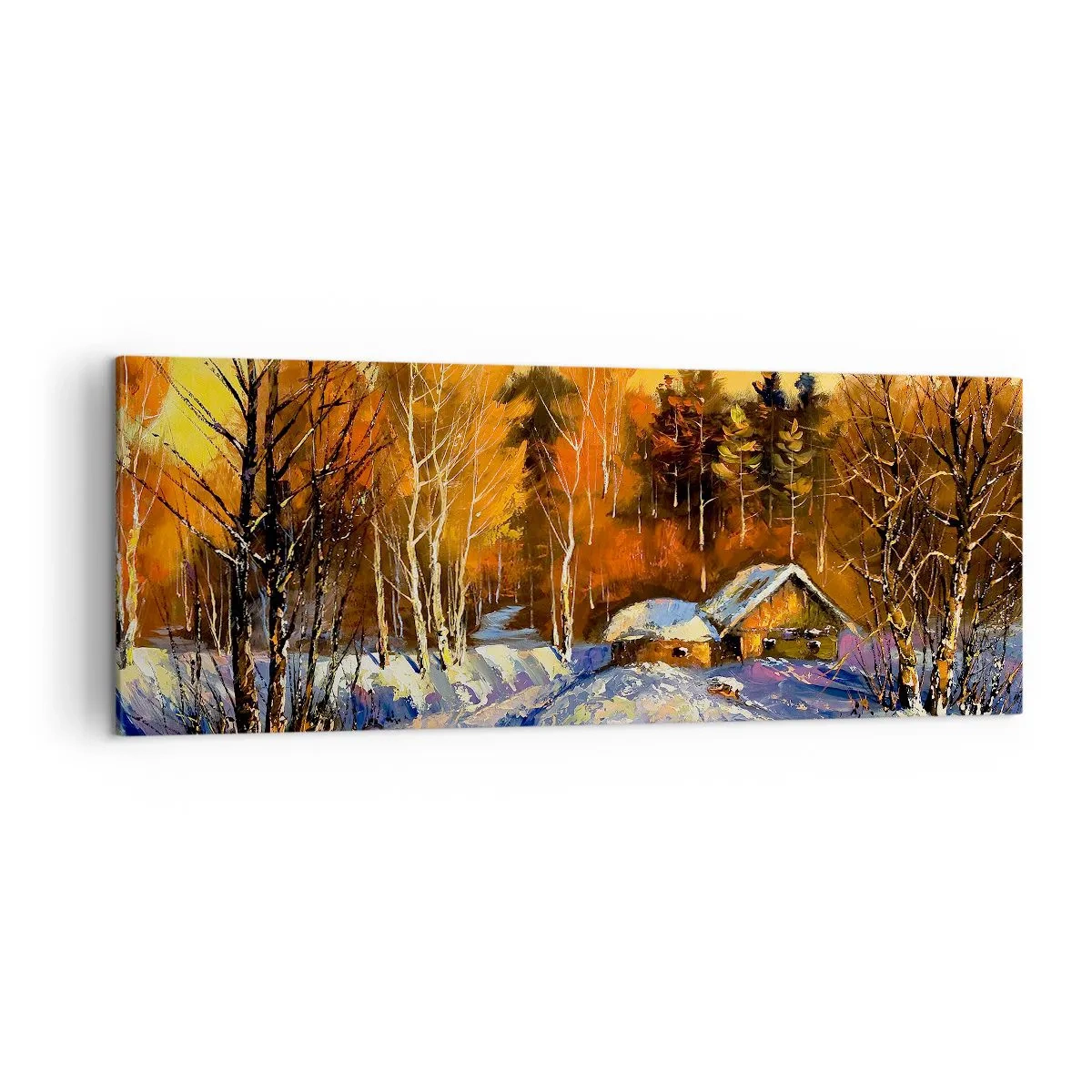 Impression sur toile - Image sur toile - Paysage d'hiver avec une maison à la lumière du soleil couchant - 140x50cm - Impression d'hiver au soleil - Décoration murale moderne pour le salon et la chambre ARTTOR