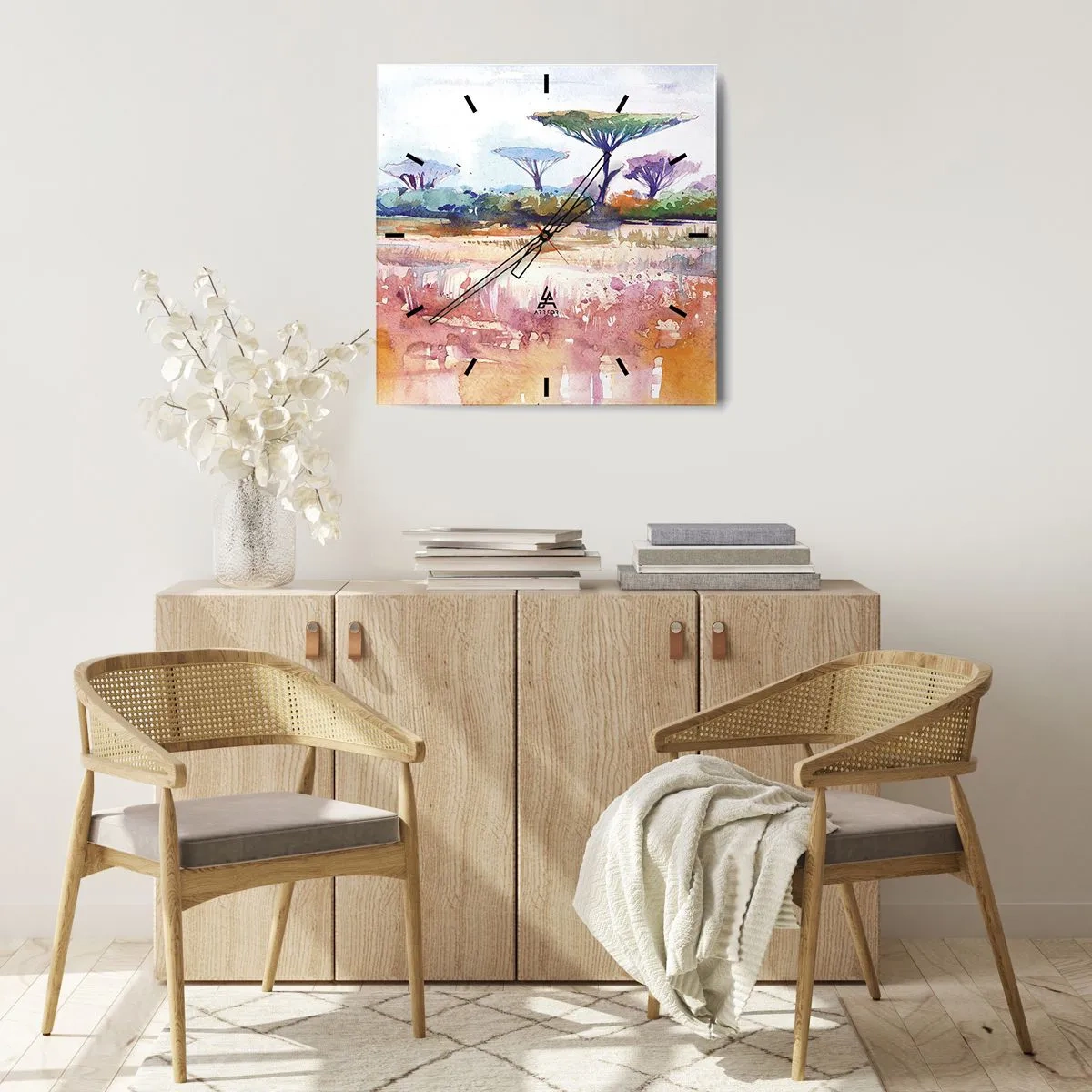 Horloge murale - Pendule murale - Un paysage de savane pittoresque aux couleurs aquarelles - 30x30cm - Couleurs de savane - Décoration murale moderne pour le salon et la chambre ARTTOR