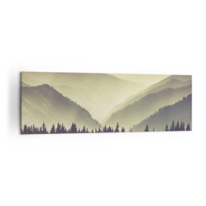 Impression sur toile - Image sur toile - Des chaînes de montagnes pittoresques enveloppées de brume dans une lumière chaude - 160x50cm - Derrière les sept montagnes… - Décoration murale moderne pour le salon et la chambre ARTTOR