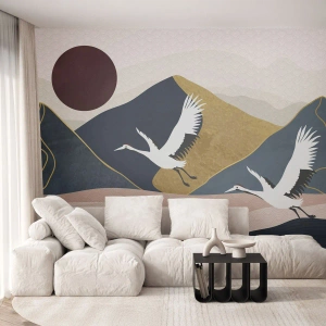 Papier Peint Photo Premium Sand - Grues stylisées sur fond de montagnes et de soleil rouge - 100x70cm - Encore une fois, la journée s'est ÉCOULÉE - Décoration murale moderne pour le salon et la chambre ARTTOR