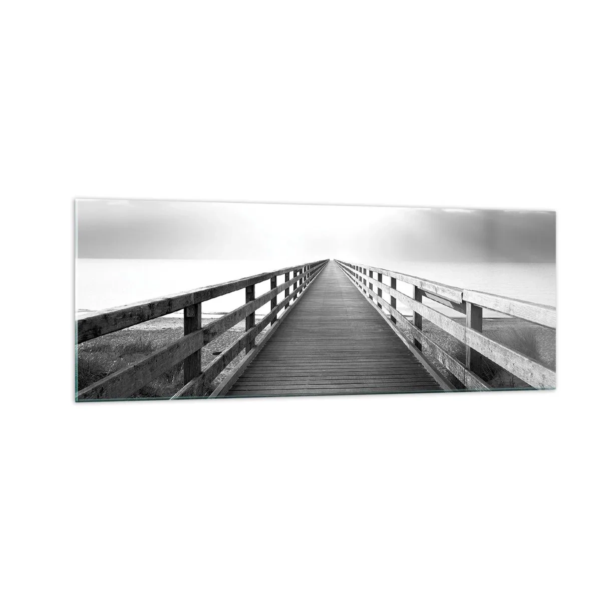 Impression sur verre - Image sur verre - Une image en noir et blanc d'une jetée en bois menant vers l'horizon. - 140x50cm - A perte de vue... - Décoration murale moderne pour le salon et la chambre ARTTOR