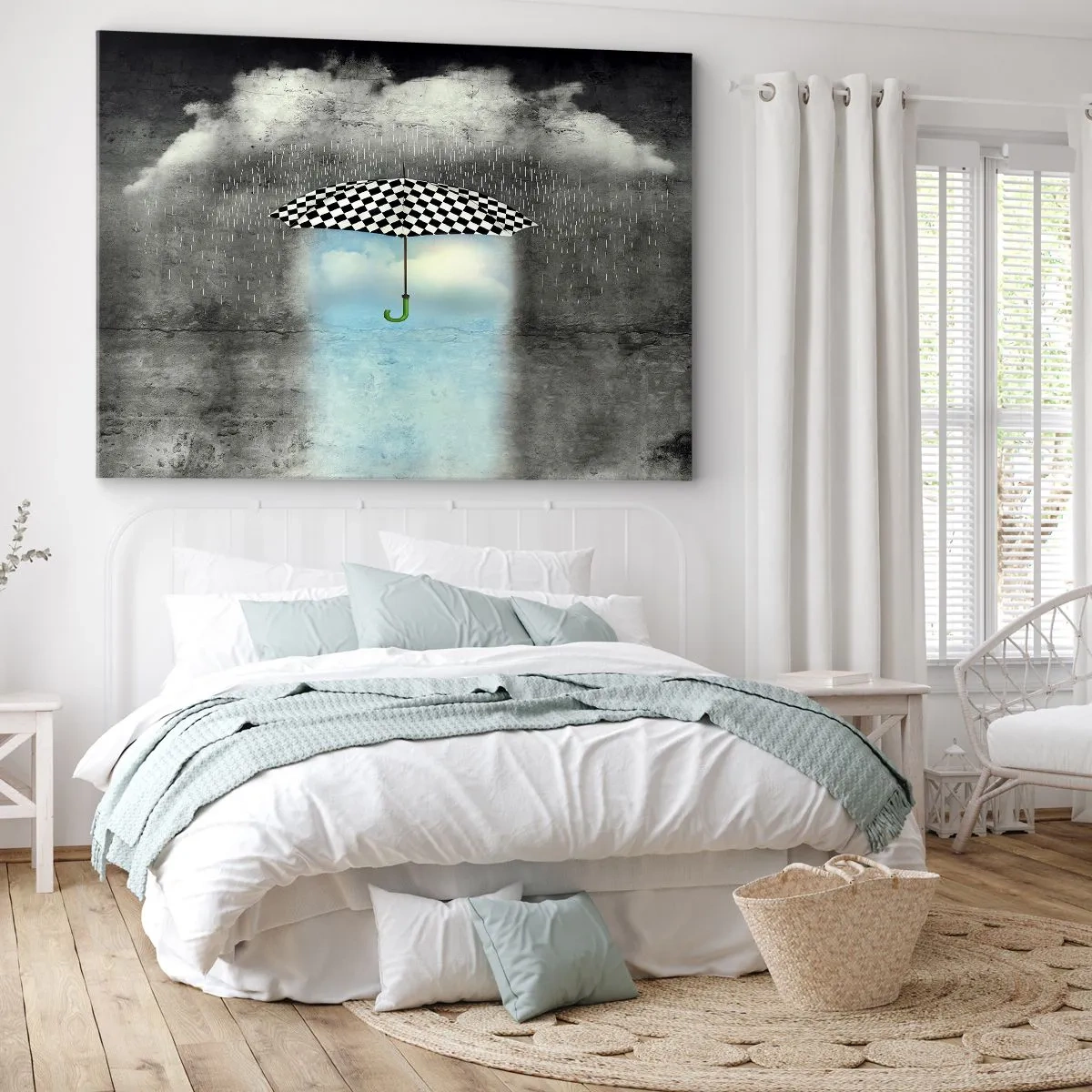 Impression sur toile - Image sur toile - Un parapluie à carreaux sur un paysage pluvieux - 120x80cm - Et pourtant c'est possible - Décoration murale moderne pour le salon et la chambre ARTTOR