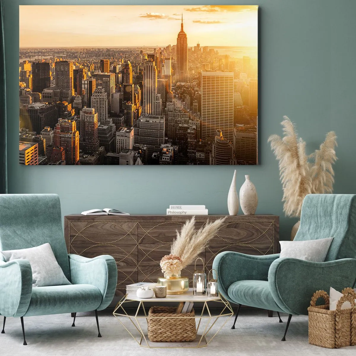 Impression sur toile - Image sur toile - Skyline de New York au coucher du soleil avec vue sur l'Empire State Building - 70x50cm - Grandir au soleil - Décoration murale moderne pour le salon et la chambre ARTTOR
