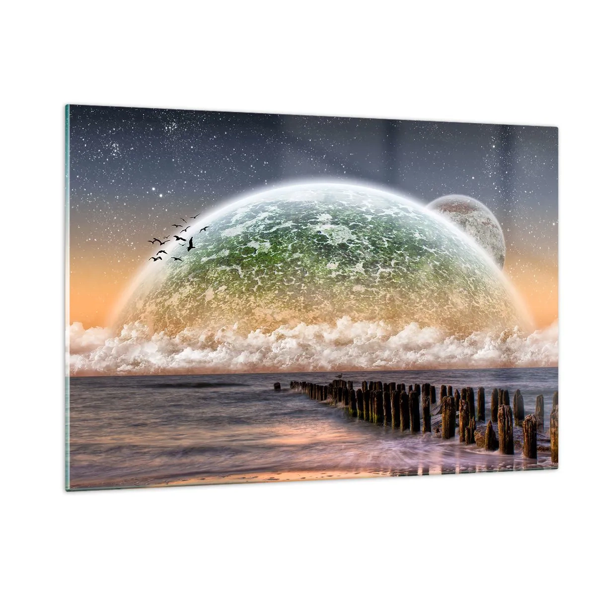 Impression sur verre - Image sur verre - Coucher de soleil sur la planète et l'océan - 120x80cm - Et le monde est sorti de l'eau - Décoration murale moderne pour le salon et la chambre ARTTOR