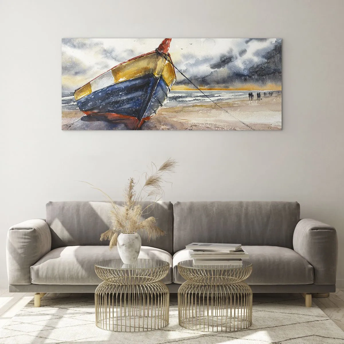 Impression sur verre - Image sur verre - Un bateau pittoresque sur la plage sous un ciel nuageux - 140x50cm - Repos sur le rivage - Décoration murale moderne pour le salon et la chambre ARTTOR