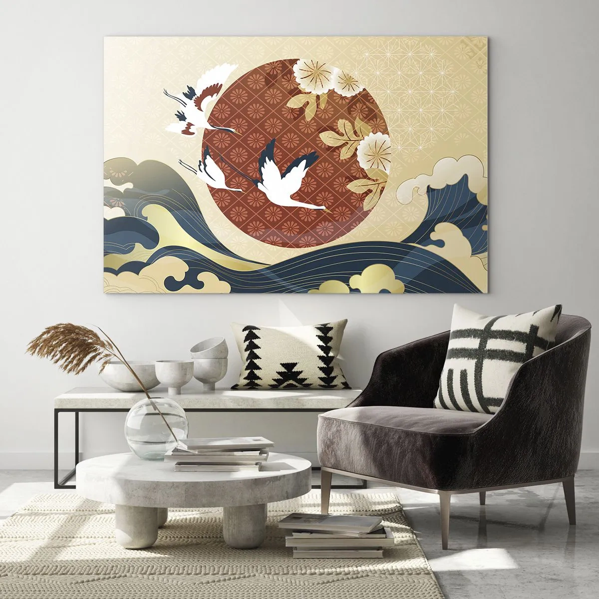 Impression sur verre - Image sur verre - Grues japonaises au-dessus des vagues sur un cercle rouge - 70x50cm - Conte japonnais - Décoration murale moderne pour le salon et la chambre ARTTOR