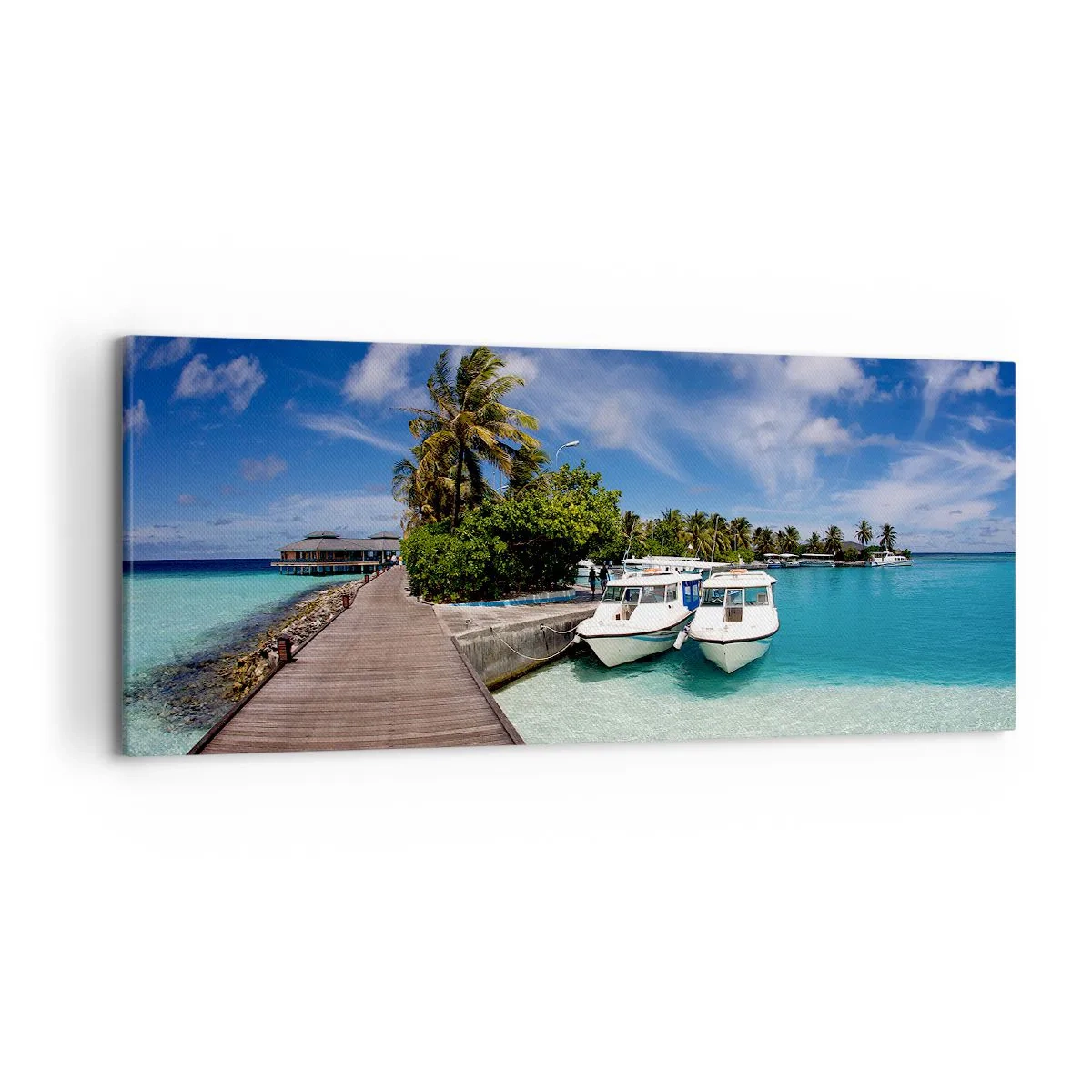Impression sur toile - Image sur toile - Une jetée sur une mer turquoise avec des bateaux et des palmiers - 120x50cm - Et cependant, le paradis existe bien - Décoration murale moderne pour le salon et la chambre ARTTOR