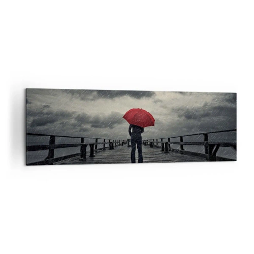 Impression sur toile - Image sur toile - Une personne avec un parapluie rouge sur une jetée pluvieuse - 160x50cm - Peu importe qu'il pleuve - Décoration murale moderne pour le salon et la chambre ARTTOR
