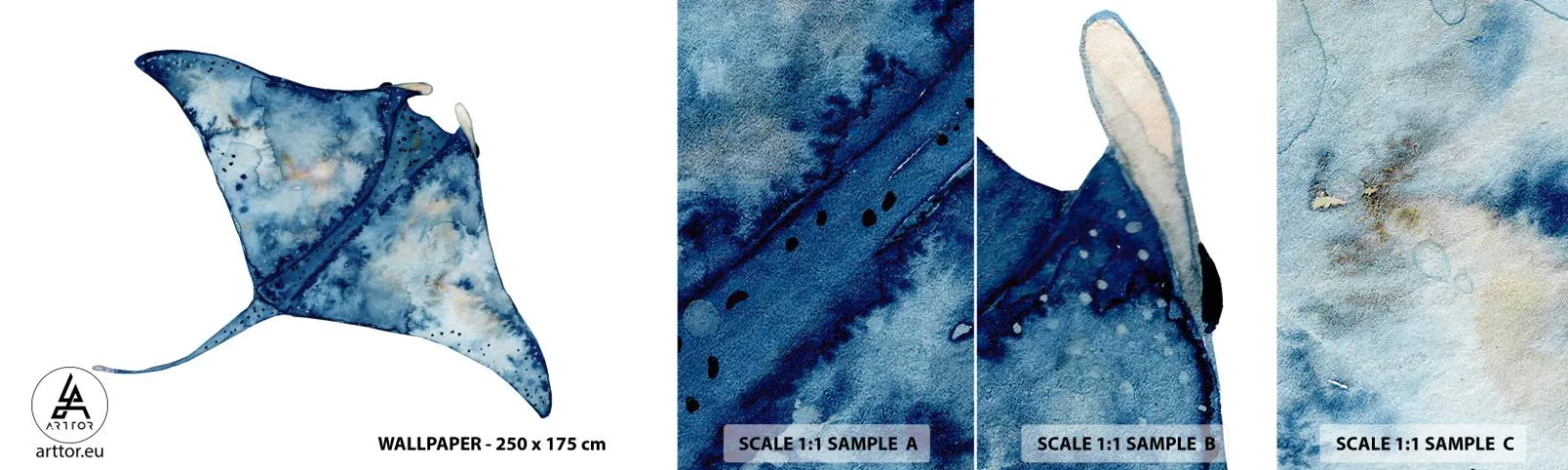 Échantillon De Papier Peint Standard Eco - La vie en bleu - Raie, Poisson, Style bord de mer - 100x30 cm