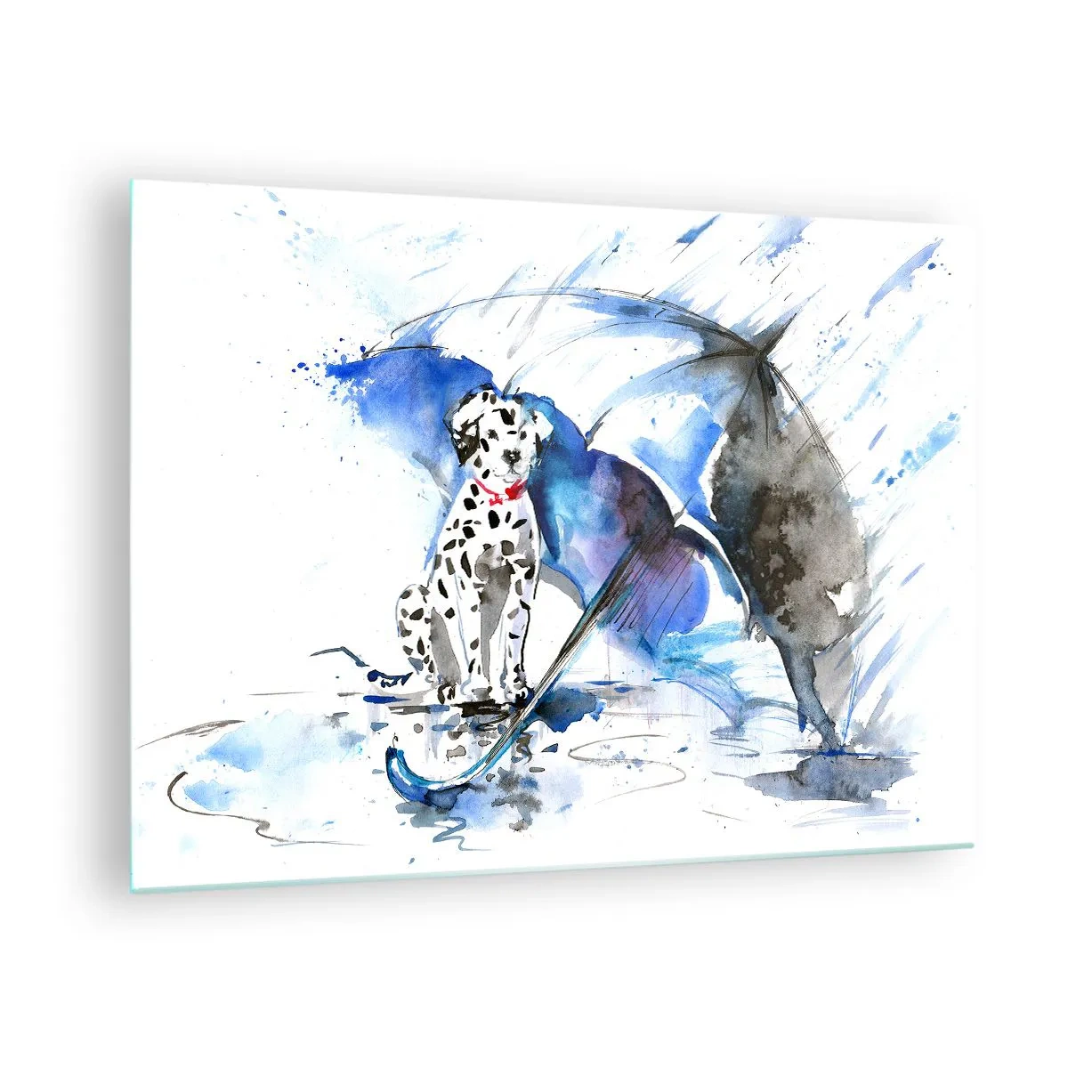 Impression sur verre - Image sur verre - Dalmatien avec un parapluie dans un décor pluvieux - 70x50cm - C'est à ça que sert un ami - Décoration murale moderne pour le salon et la chambre ARTTOR