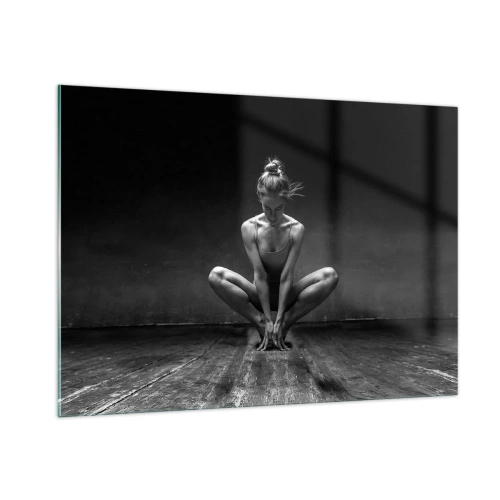 Impression sur verre - Image sur verre - Une danseuse dans une pose de ballet sur un plancher en bois - 100x70cm - Concentration de l'énergie de la danse - Décoration murale moderne pour le salon et la chambre ARTTOR