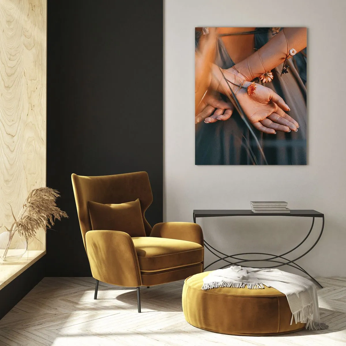 Impression sur verre - Image sur verre - Gros plan des mains jointes d'une femme avec des fleurs sur un fond herbeux - 50x70cm - Liée à la nature - Décoration murale moderne pour le salon et la chambre ARTTOR