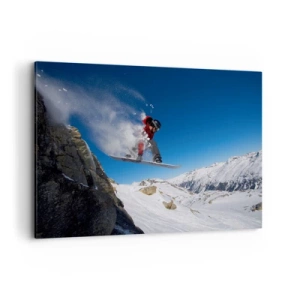 Impression sur toile - Image sur toile - Un snowboarder saute d'un rocher dans un paysage montagneux - 100x70cm - Et tu es devenu une partie de l'espace - Décoration murale moderne pour le salon et la chambre ARTTOR